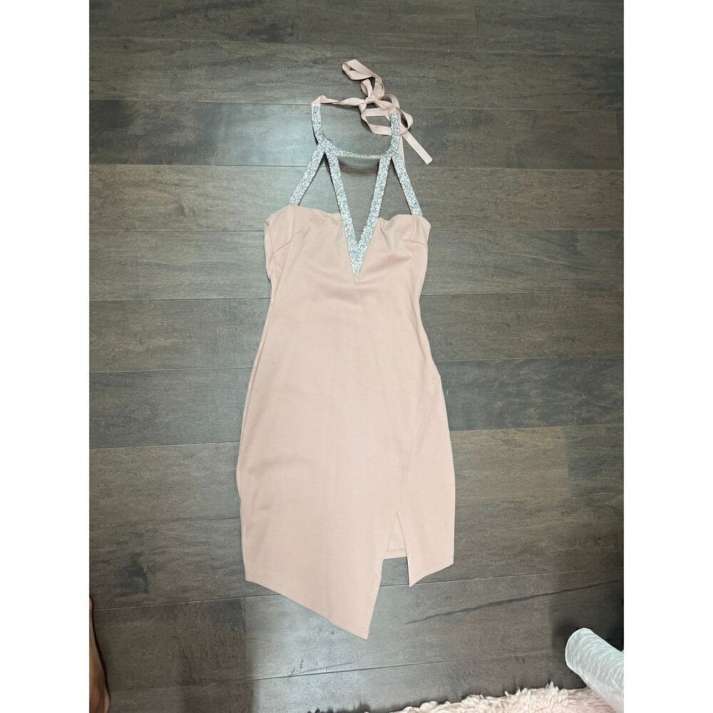 Charlotte Russe Nude Sparkly silver halter neck mini club dress XS